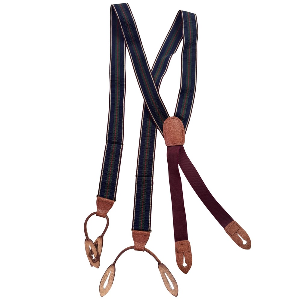 Cole Haan‎ Mens Striped Y-Back Suspenders Leather Button End Navy Green Red Gold